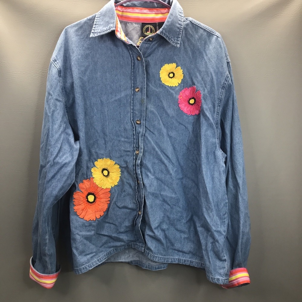 Lighthouse Apparel Embroidered Denim Shirt sz L Retro Daisies Pink Yellow Orange